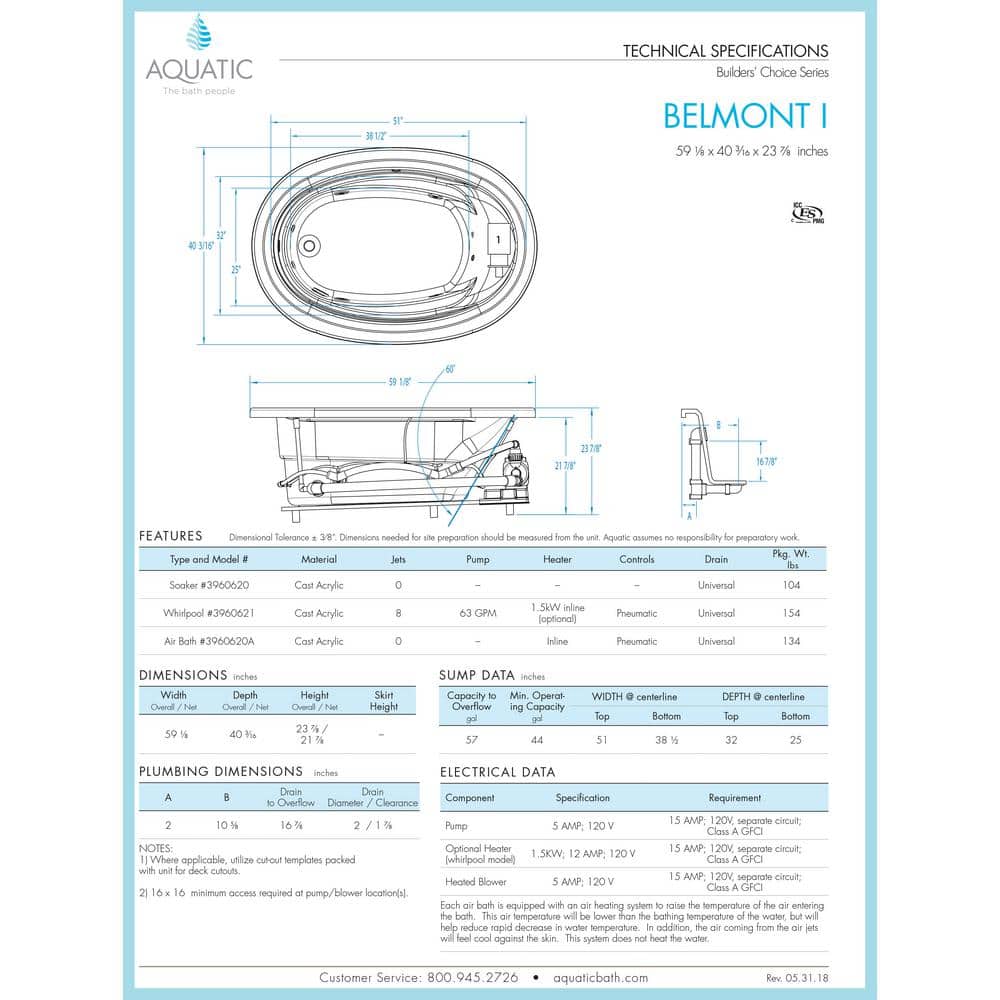 Aquatic Belmont 60 in. Oval Soaking Bathtub Reversible Drain in Acrylic Drop-in White (2)