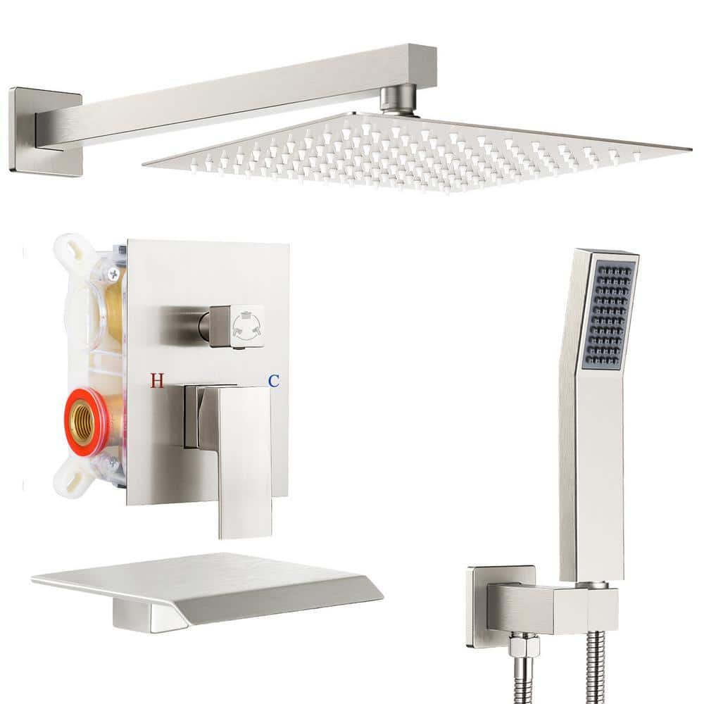 AKLFGN Single Handle 3-Spray Shower Faucet Square 2.2 GPM with High Pressure with Storage Rack Brushed Nickel
