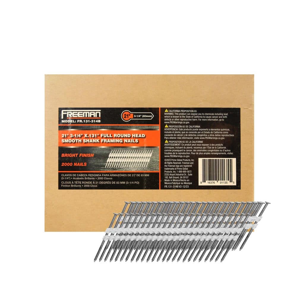 Freeman 21° .131 in. x 3-1/4 in. Plastic Collated Bright Framing Nails - Smooth Shank - 2,000 Count - for Framing and Subfloors (1)
