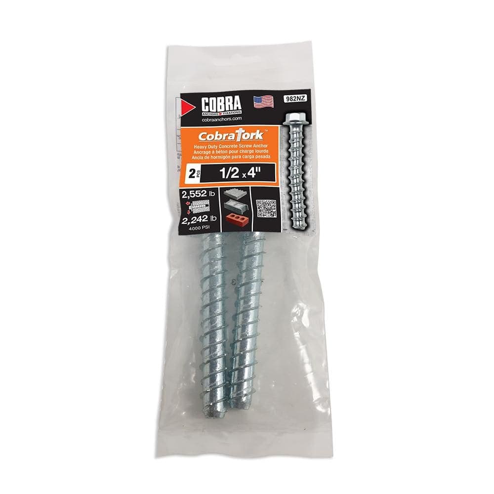 Cobra Anchors CobraTork 1/2 in. x 4 in. Zinc Plated Concrete Screw Anchors (2-Pack) (1)