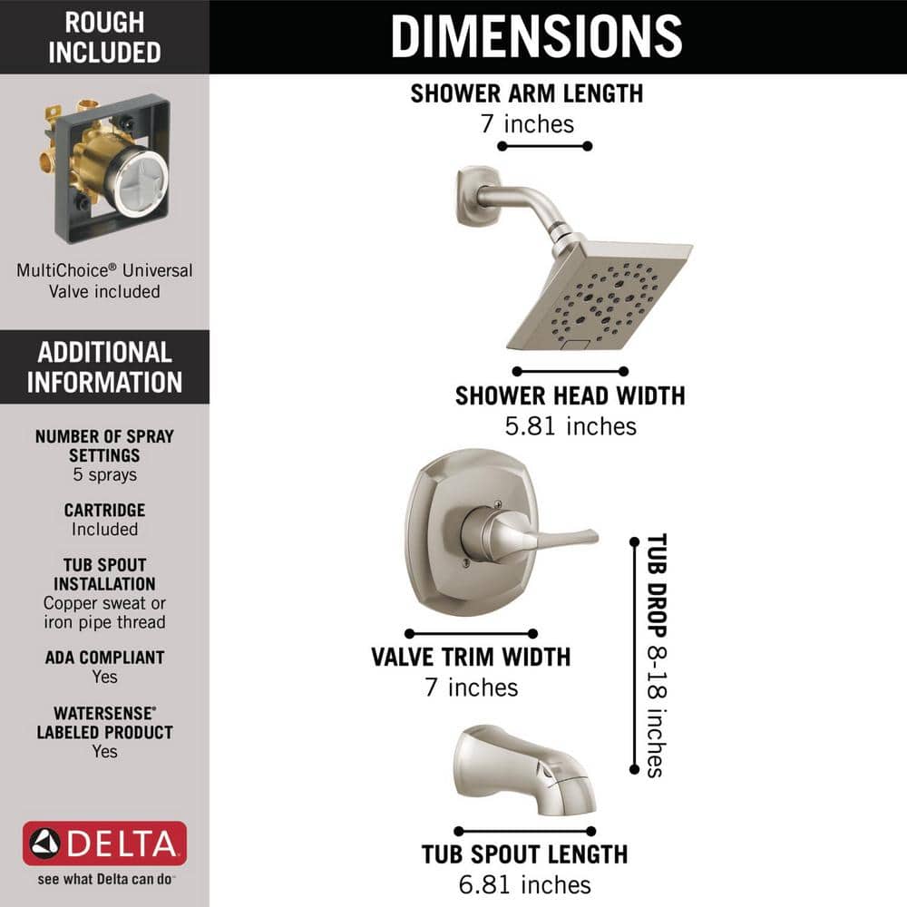 Delta Portwood Rough Included Single-Handle 5-Spray Tub and Shower Faucet 1.75 GPM in SpotShield Brushed Nickel Valve Included (4)