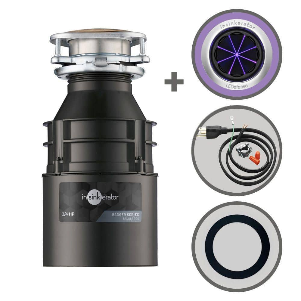 InSinkErator Badger 700,3/4 HP Continuous Feed Kitchen Garbage Disposal with Power Cord, Putty-Free Sink Seal and LEDefense Flange