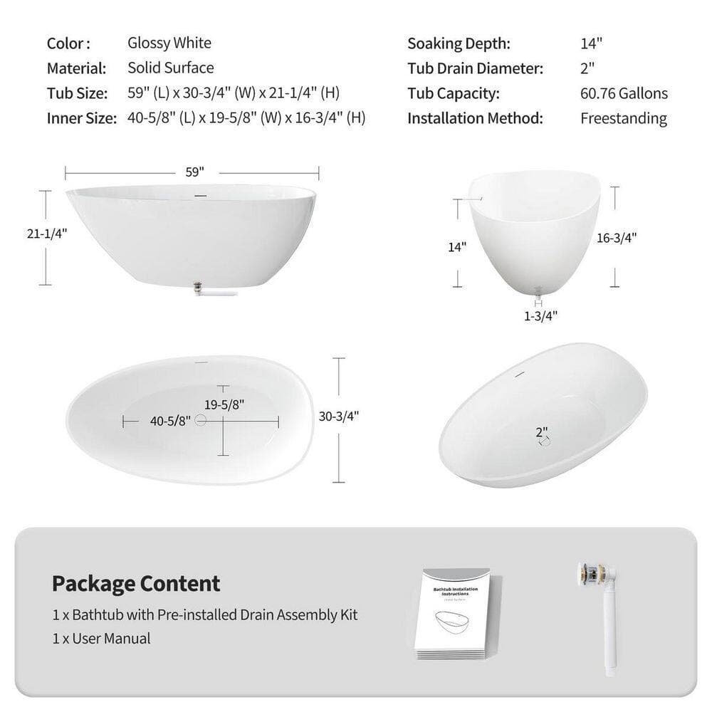LIVACA 59.06 in. x 30.71 in. Soaking Solid Surface Freestanding Bathtub with Center Drain in Glossy White (2)