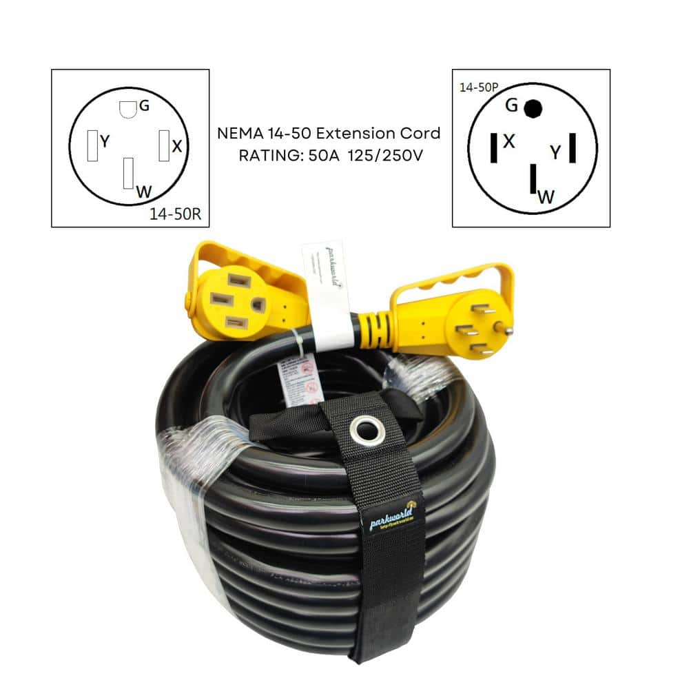 parkworld 50 ft. 6/3+8/1 50 Amp 125/250-Volt Outdoor NEMA 14-50 RV/EV/Generator Extension Cord With Handle/Lighted End, Black (3)