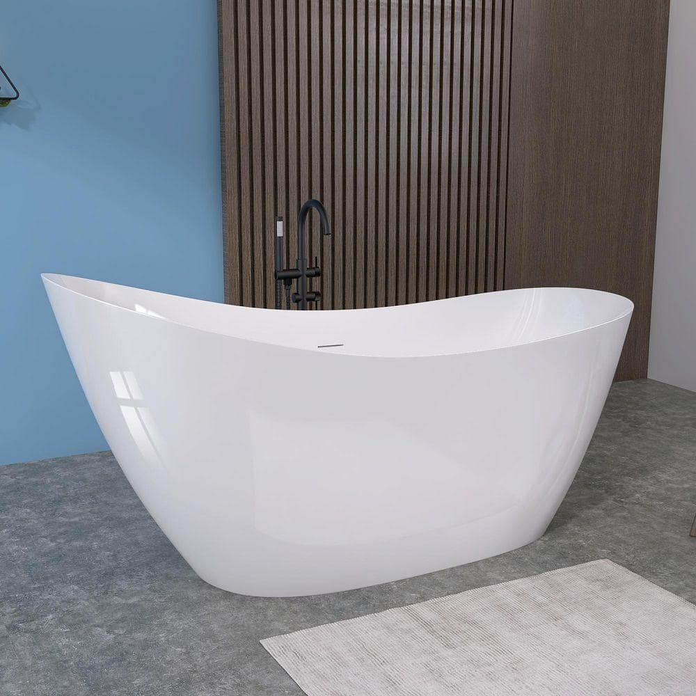 NTQ 59 in. x 29.5 in. Soaking Bathtub Acrylic Single Slipper Stand Alone Tubs Oval Free Standing Tub Freestanding in White (2)