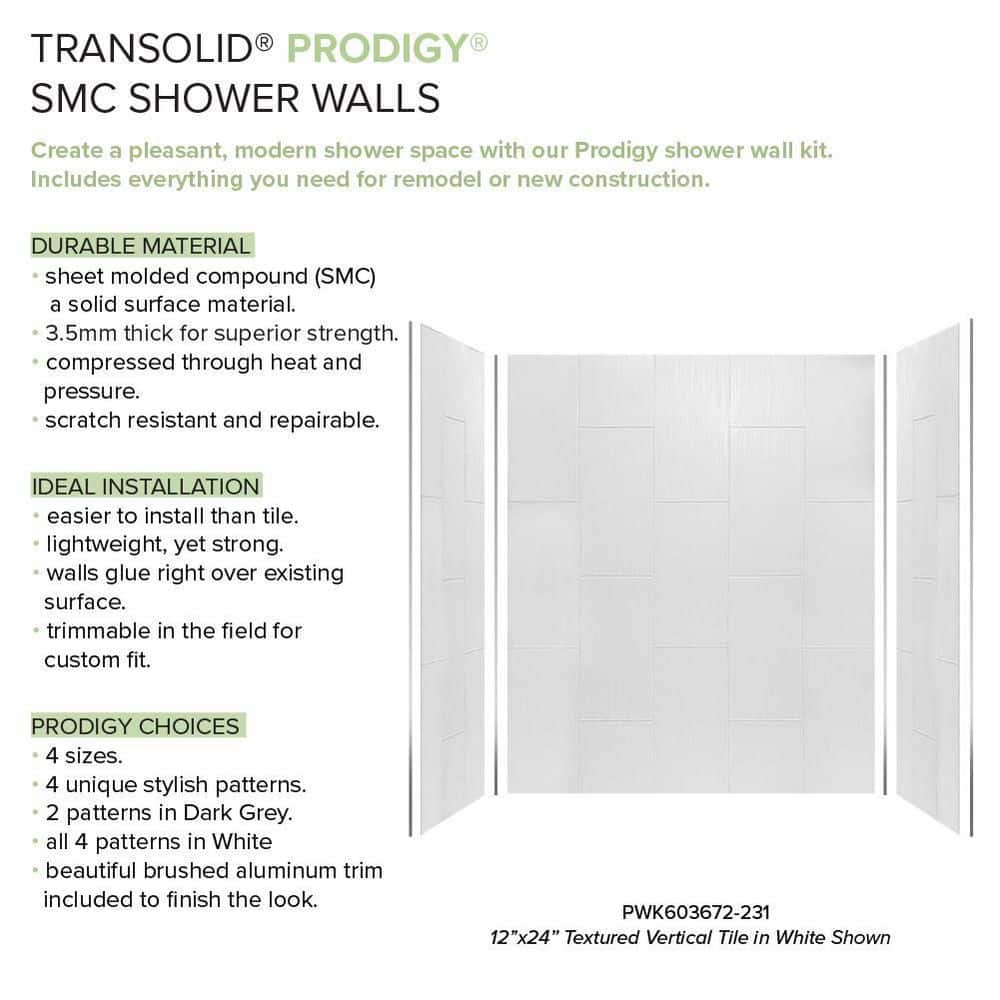 Transolid Prodigy 60 in. W x 72 in. H x 36 in. D 3-Piece Glue-Up Alcove Shower Surround in White Vertical Tile (2)