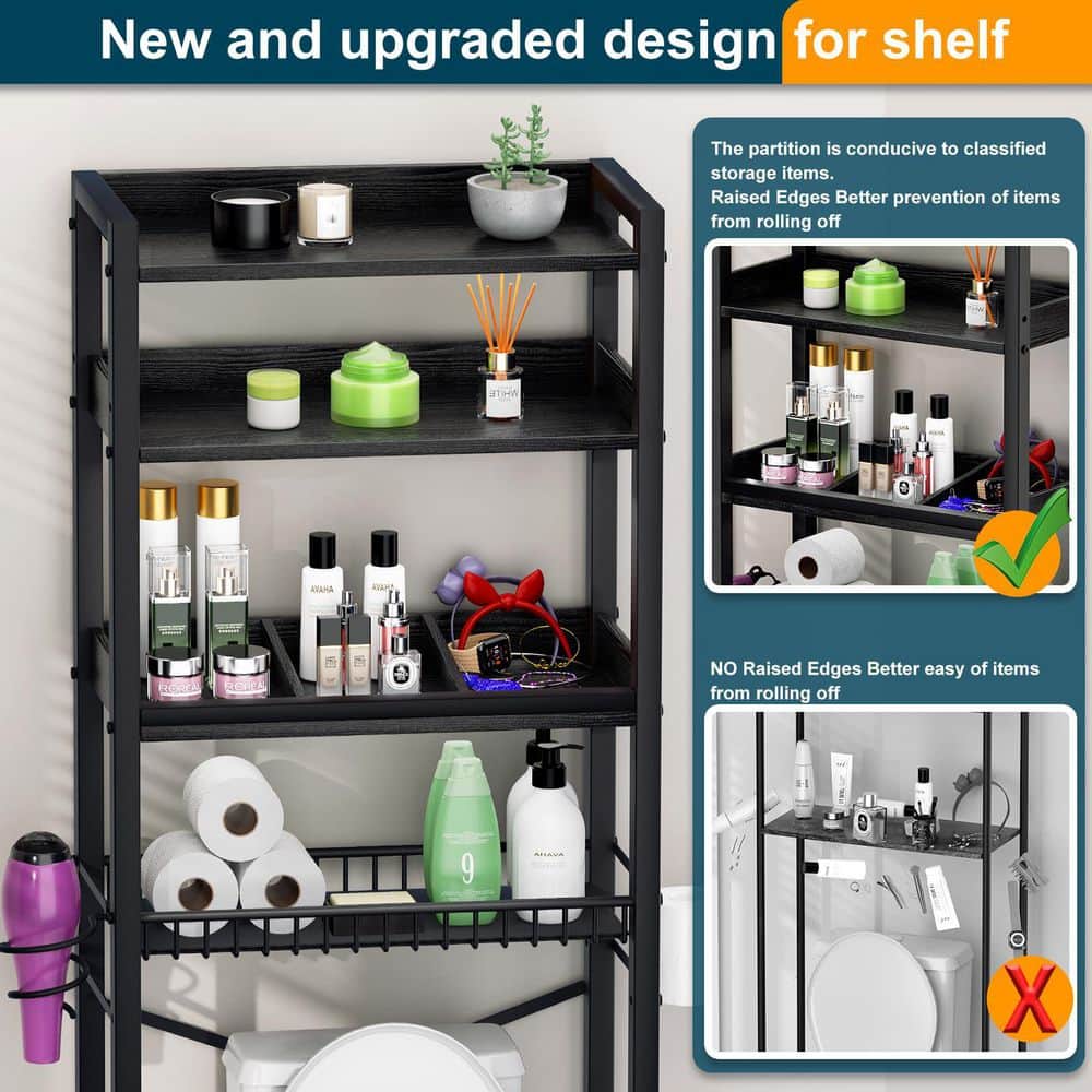 Numhew Brown 4 Tier Bathroom Organizer Storage With Adjustable Shelf Feet Pad Basket, Over The Toilet Storage Cabinet (3)
