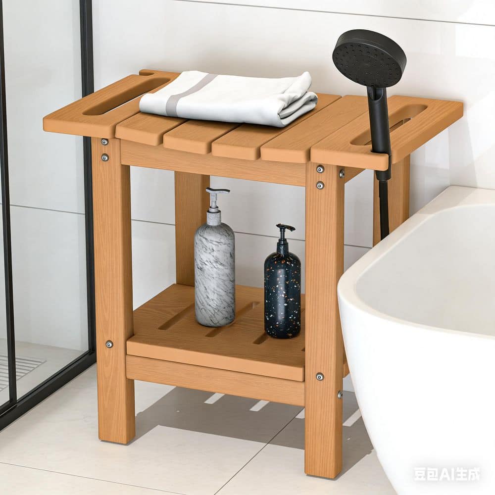 RKZHOPT 12.6 in. D x 18.5 in. W x 17 in. H Freestanding Walk In Shower Seat, Shower Stool with Storage Shelf in Teak (2)