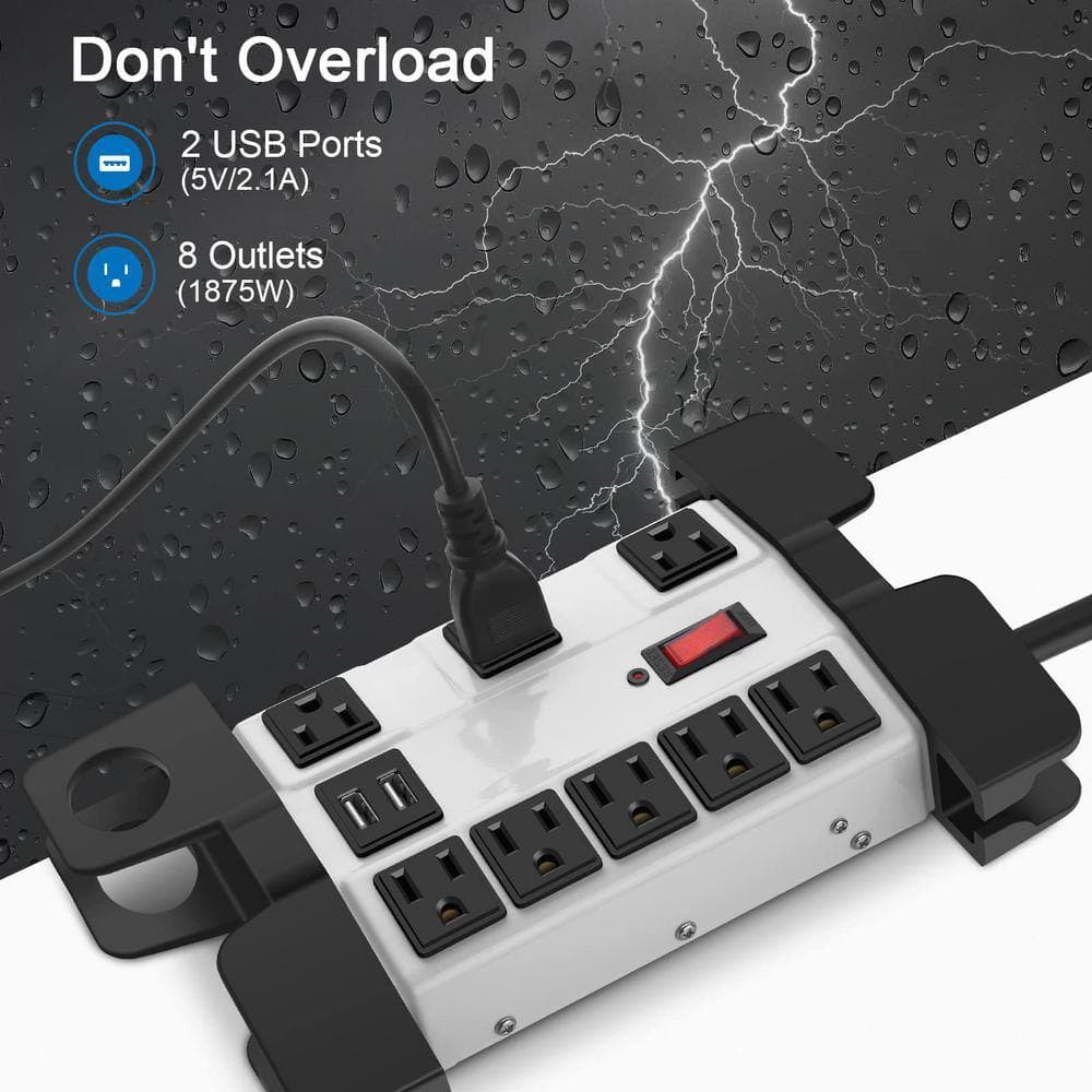 Lukyamzn 15 ft. Extension Cord 8-Outlet Heavy Duty Industrial Metal Power Strip Surge Protector in Gray with USB (2)