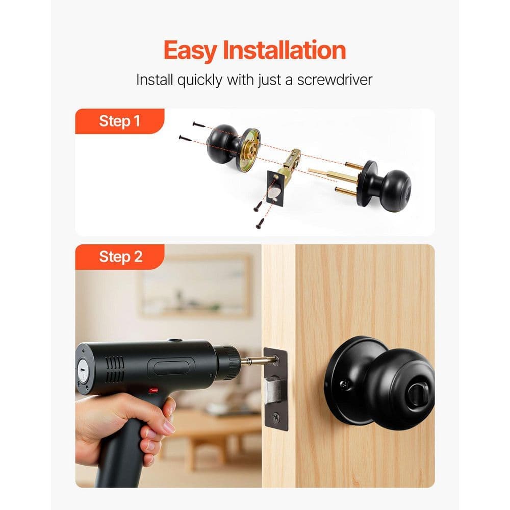 SKYSHALO 6 Pack Black Privacy Door Knobs, Keyless Interior Lock, Matte All-Metal Ball Design for Bedroom and Bathroom (3)