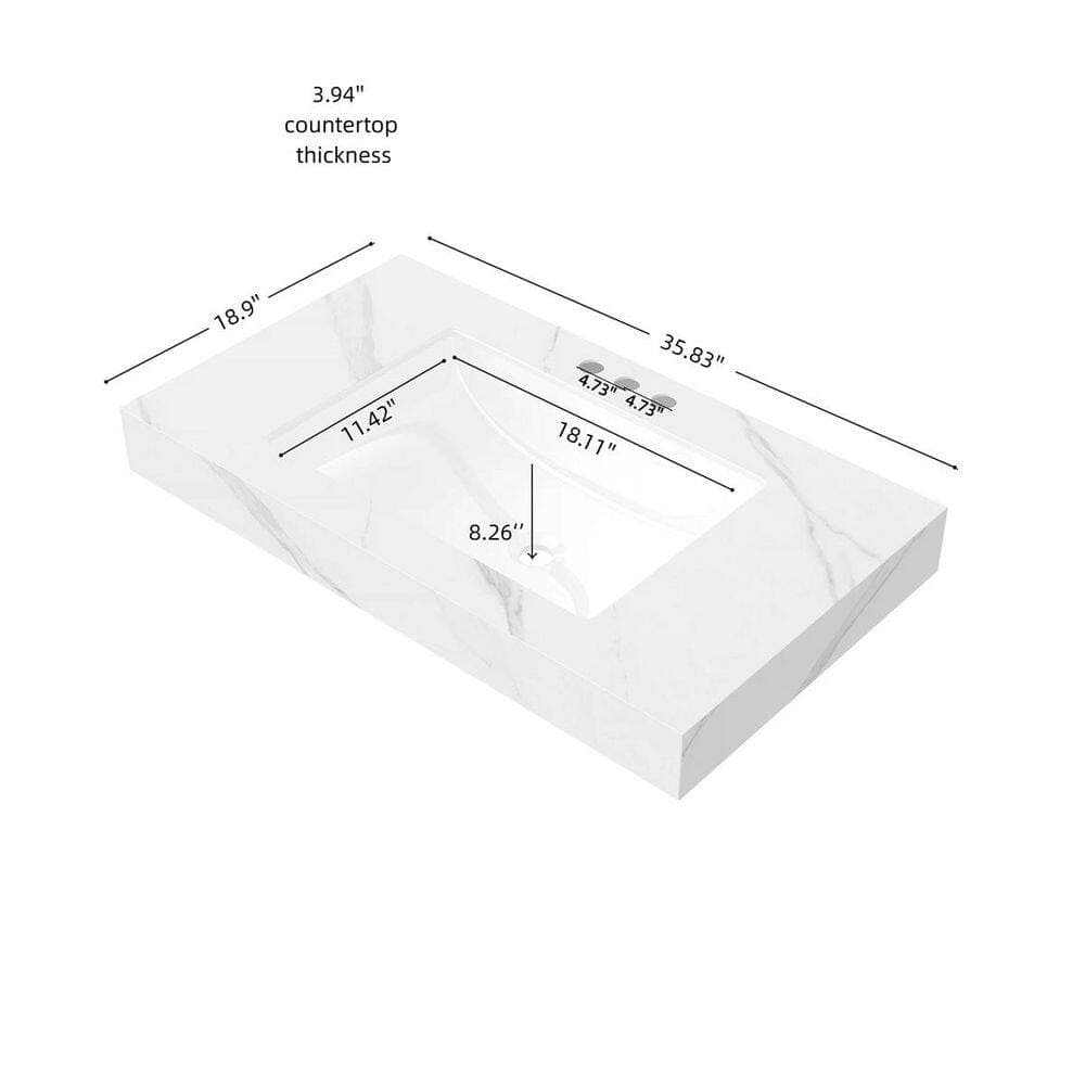 LIVACA 36 in. 18.9 in. Drop-In Sink Bathroom Sink in Carrara White Sintered Stone and Ceramic with Pre-Drilled Faucet Holes (2)