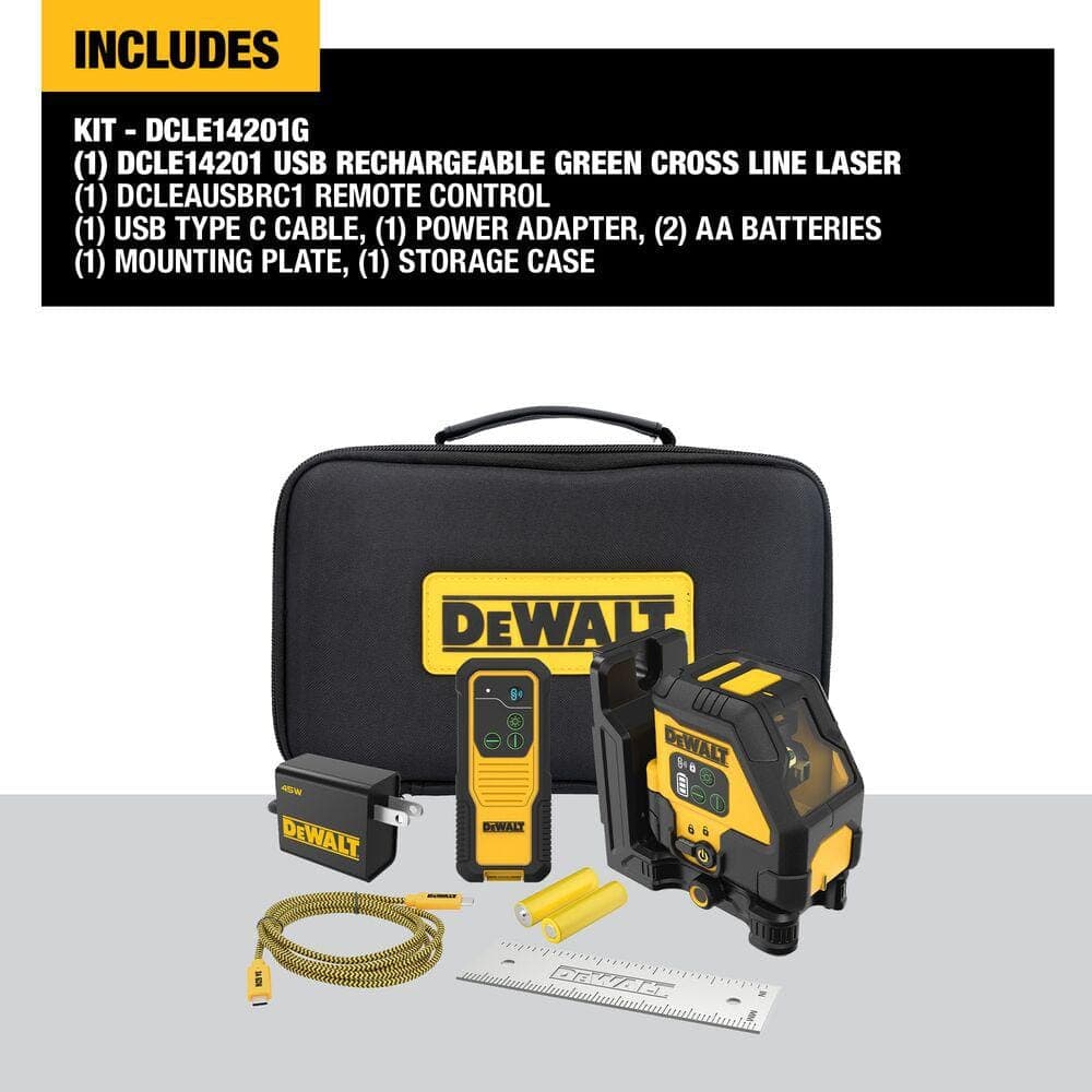 DEWALT 330 ft. Green Self-Leveling Cross-Line Laser Level with USB C Charging Cable, Mounting Plate, Remote and Storage Bag (3)