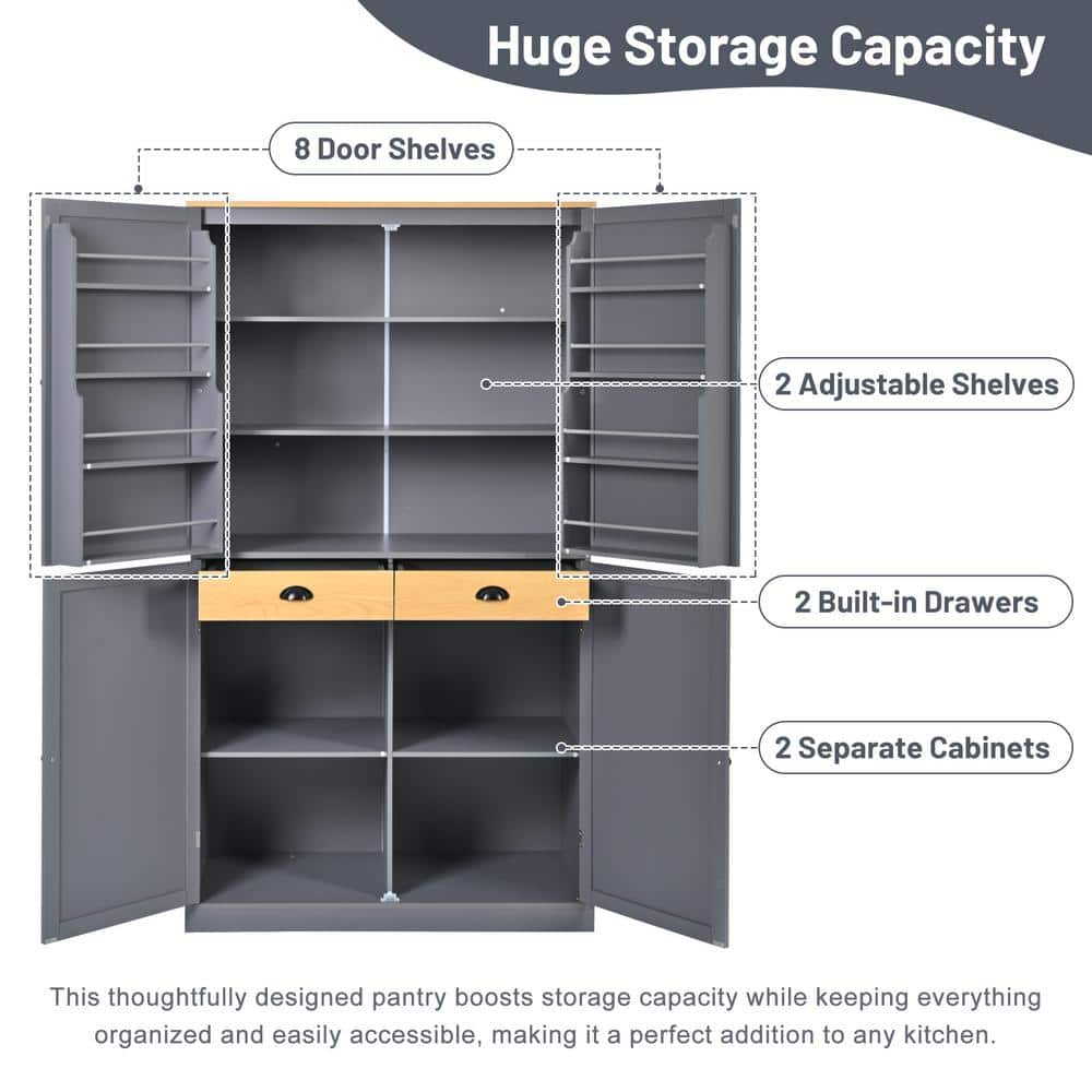 Unbranded 39.8 in. W x 20 in. D x 71.3 in. H Gray Linen Cabinet with 2 Drawers 2 Adjustable Shelves 8 Door Shelves for Kitchen (3)