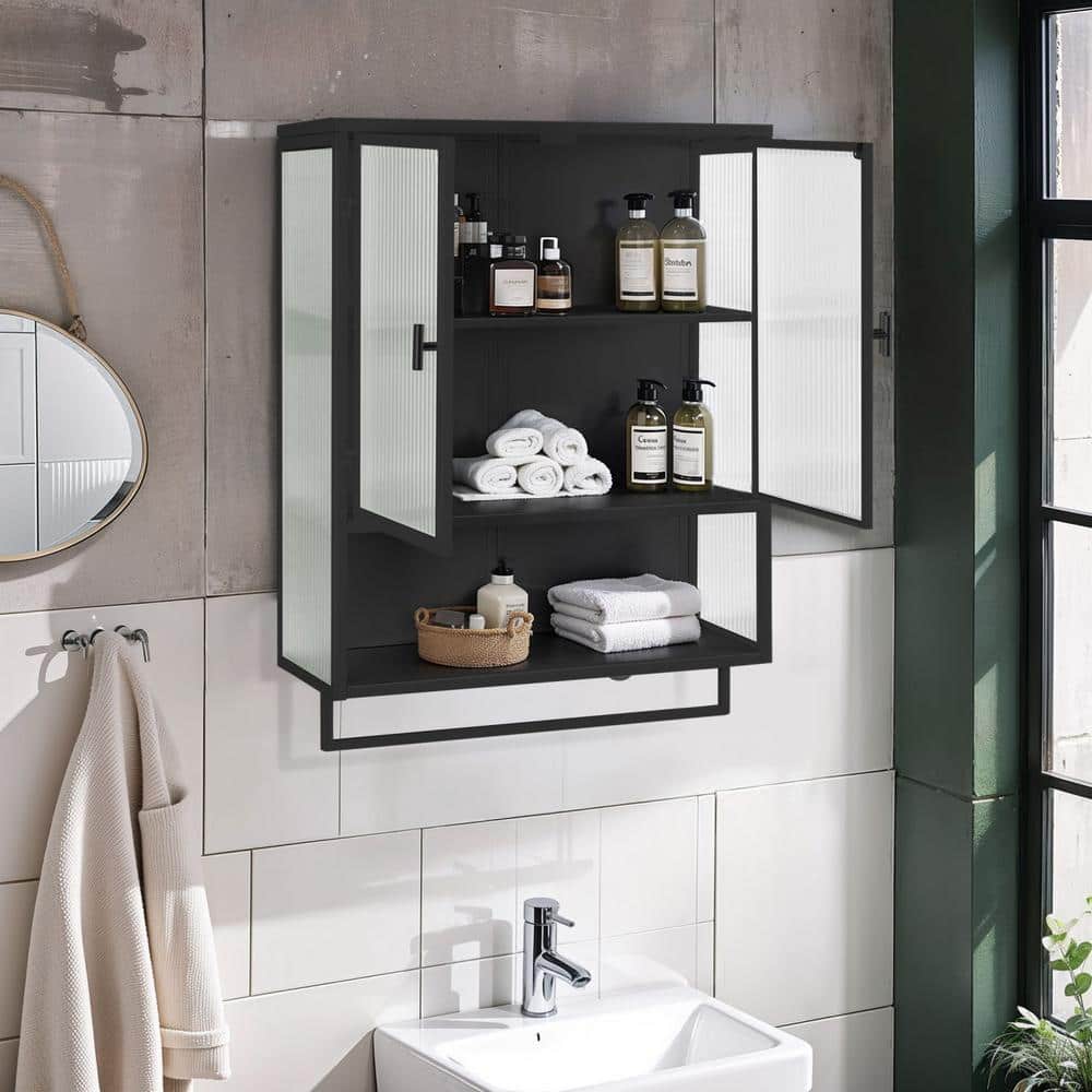 Miscool Anky 23.62 in. W x 9.06 in. D x 30.71 in. H Bathroom Storage Wall Cabinet with Glass Door and Towel Rack in Black (2)