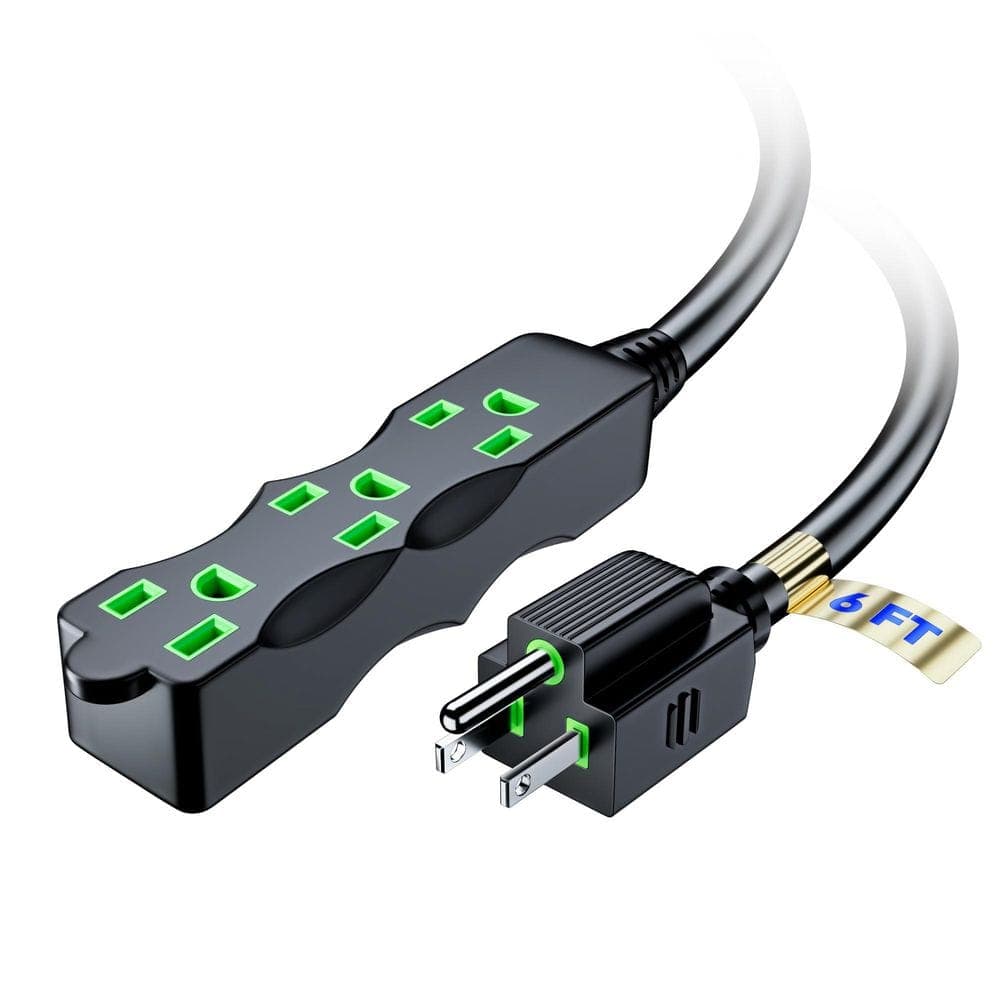 MAXIMM 6 ft. 16 / 3 Light Duty Indoor I-Shaped Extension Cord, 3-Outlet, 13 Amps, Black with Green Indicators (1)