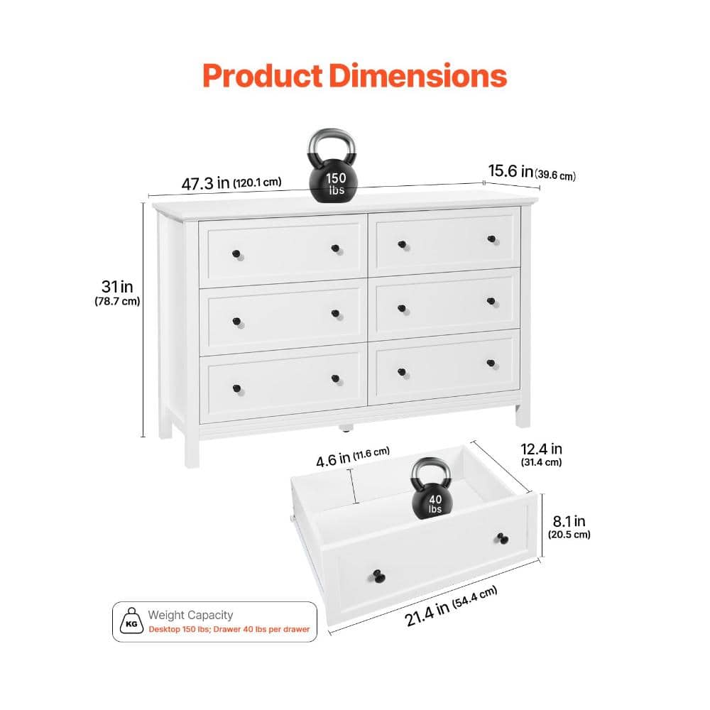 Volenca 6-Drawer Dresser, Wooden Chest, Smooth Sliding, Anti-Tip, Retro Minimalist Storage TV Stand for Bedroom Living Room (2)