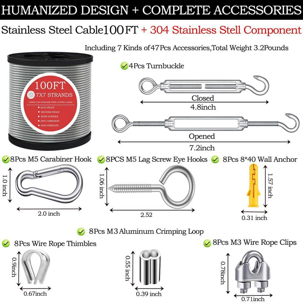 Laybus 1/8 in. x 100 ft. Wire Rope, 304 Stinless Steel Cable with M5 Turnbuckle-Gardening, Picture Hanging, Clothesline Wire (2)