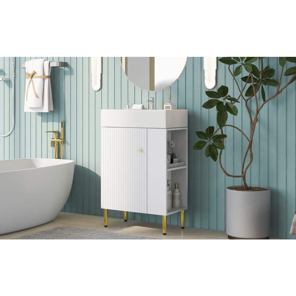 Siavonce 22 in. W x 12 in. D x 34 in. H Bathroom Linen Cabinet with Single Ceramic Sink and Shelves, White (2)