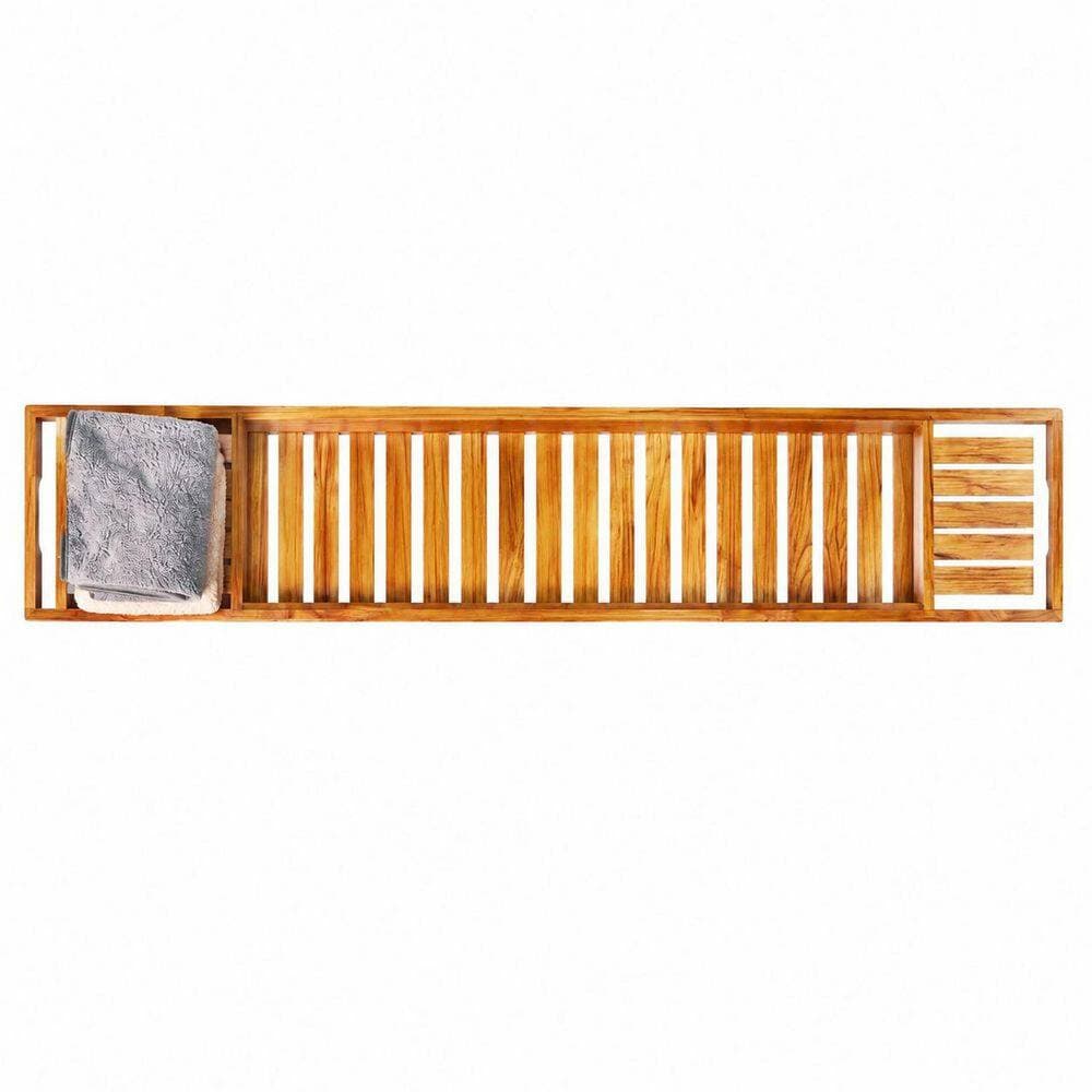 KHKFY Teak Wood Bathtub Tray Wooden Bath Caddy for Tubs up to 33 Inches Wide Natural Slat Design 33.8 Inches (2)