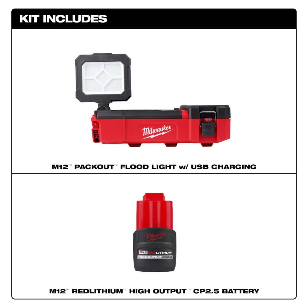 Milwaukee M12 12-Volt Lithium-Ion Cordless PACKOUT Flood Light w/USB Charging with High Output 2.5 Ah Battery (2)