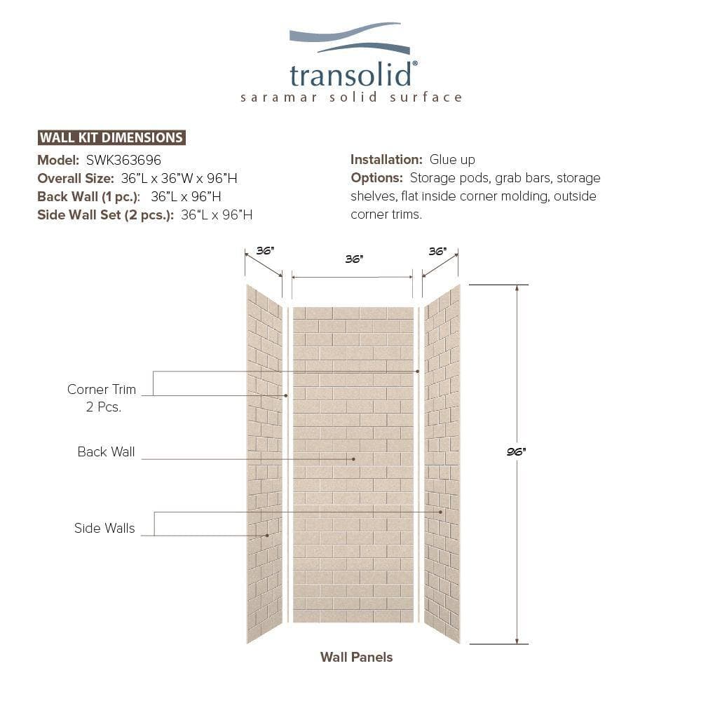 Transolid SaraMar 36 in. x 36 in. x 96 in. 3-Piece Easy Up Adhesive Alcove Shower Wall Surround in Cashew (3)