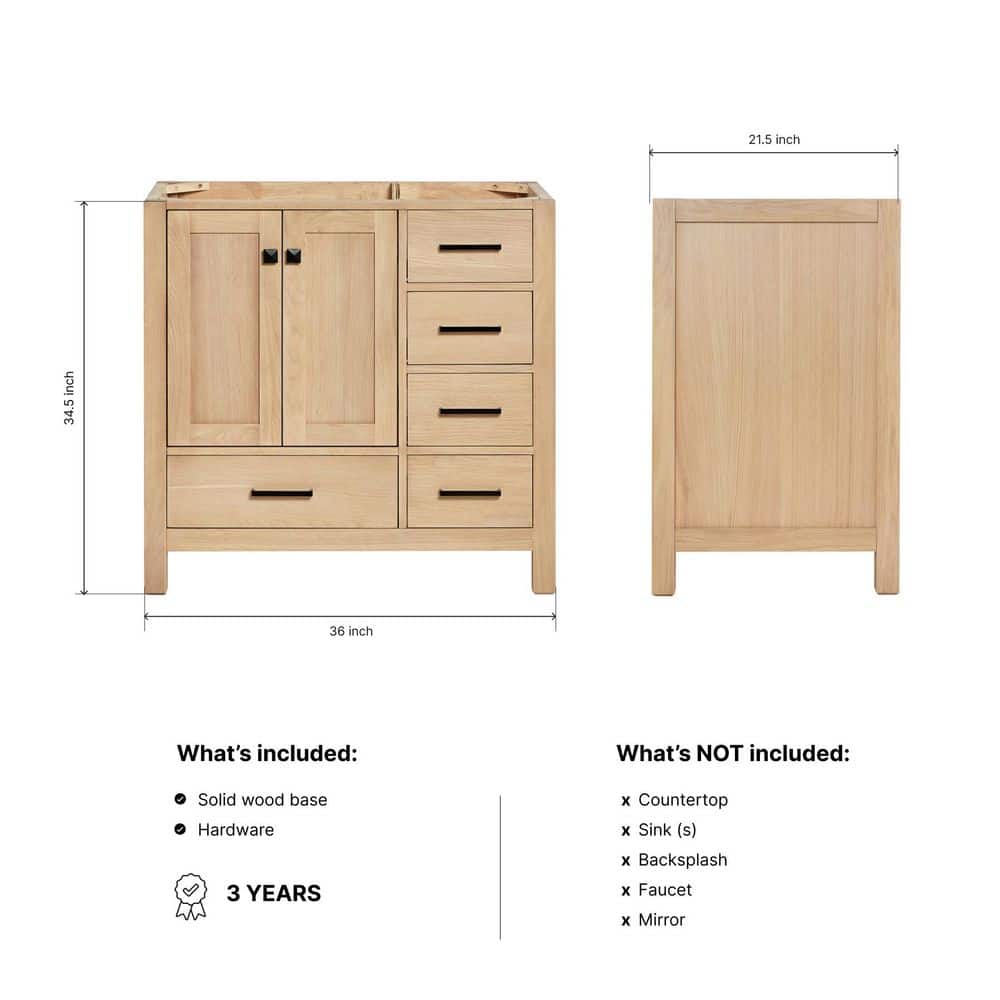 ARIEL Cambridge 36 in. Freestanding Bathroom Vanity Cabinet without Top in Oak (Assembled) (2)