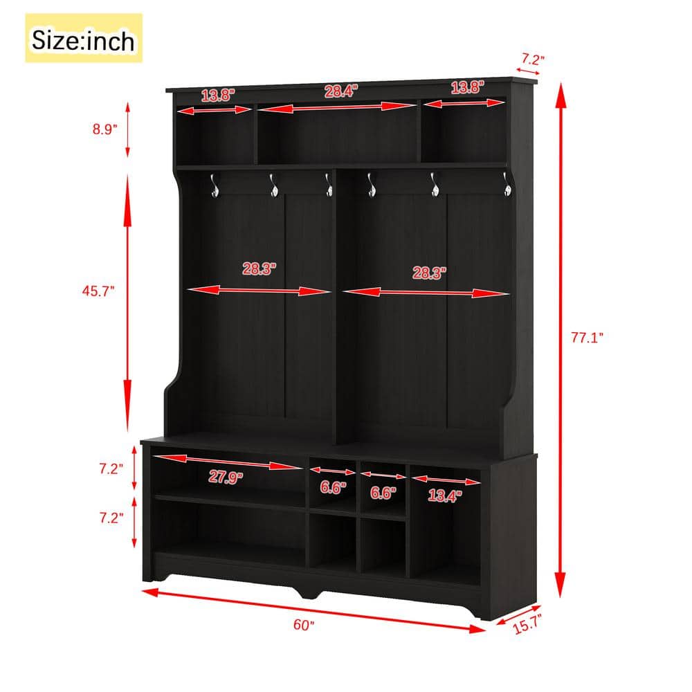Unbranded 60 in. W 15.7 in. D 77.1 in. H Linen Cabinet Metal Hooks and Storage Space Multi-Functional Entryway Coat Rack (4)