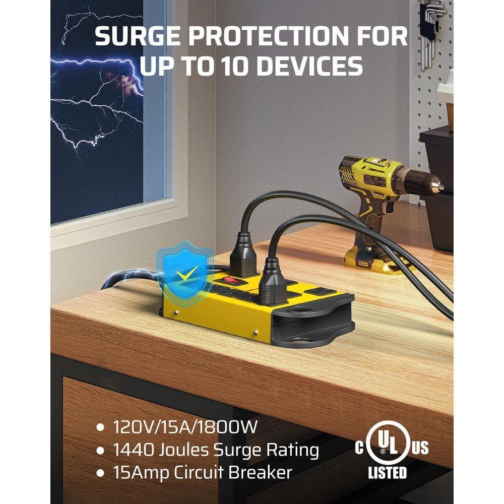 DEWENWILS 15 ft. 8-Outlets Heavy-Duty Metal Power Strip Surge Protector with 2-USB Ports, 1440 J (2)