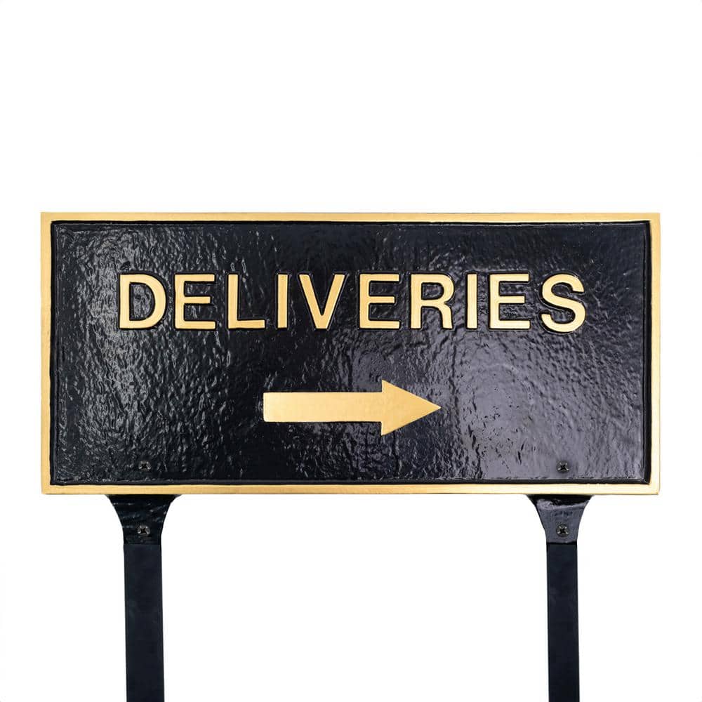 Montague Metal Products 7.25" x 15.25" Deliveries with Right Arrow Standard Rectangle Statement Plaque with Lawn Stakes - Black/Gold