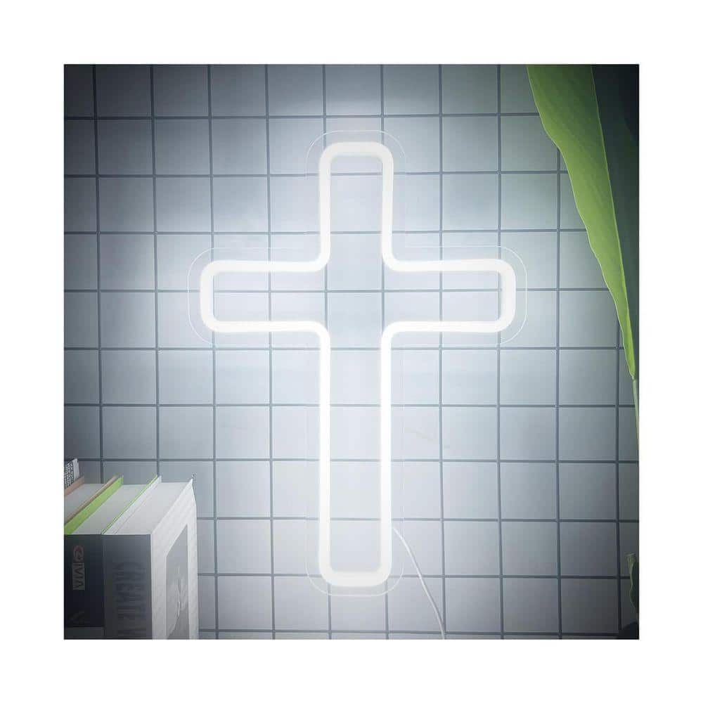 Unbranded LED Cross Neon Sign Light White Acrylic Wall Hanging Adjustable Brightness Home Church Party Wedding Decor