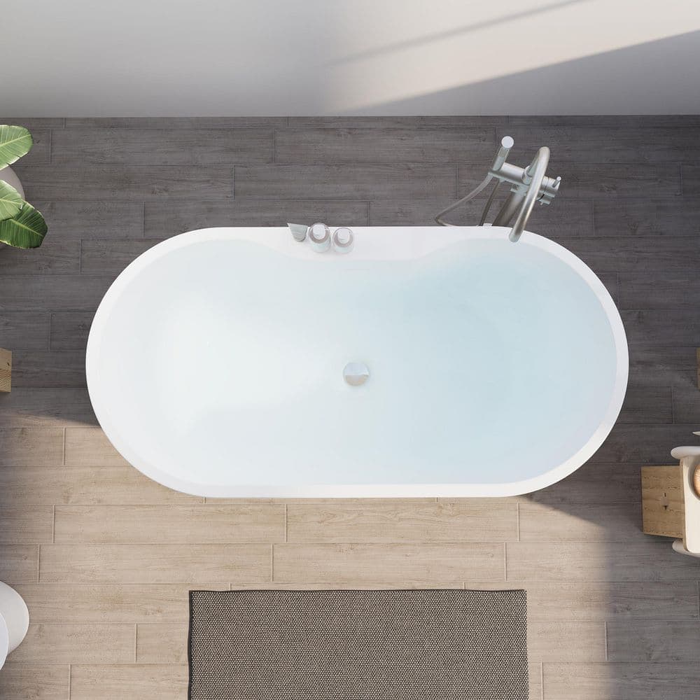 WELLFOR 57 in. x 29.5 in. Freestanding Soaking Bathtub with Center Drain in White with Built-In Widened Deck for Storage (3)
