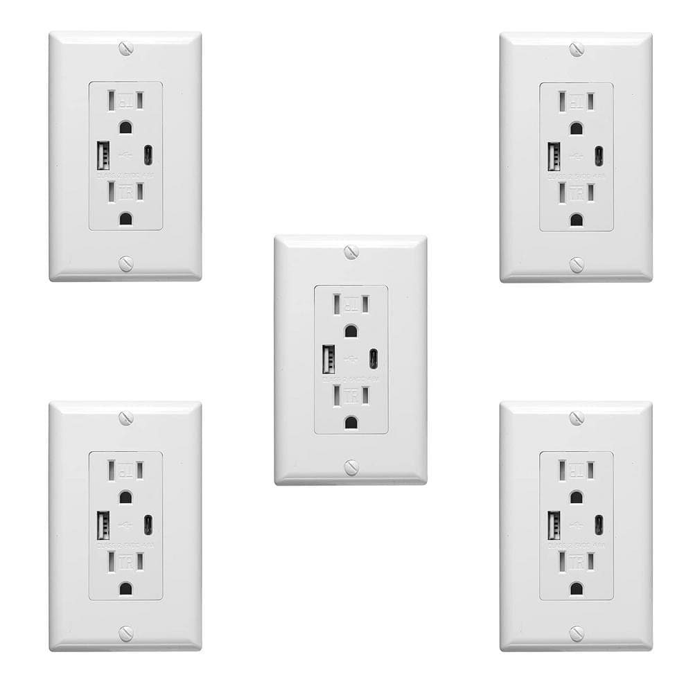 Sunlite White 15 Amp Tamper Resistant Duplex Outlet with USB-A and USB-C Charger (5-Pack)