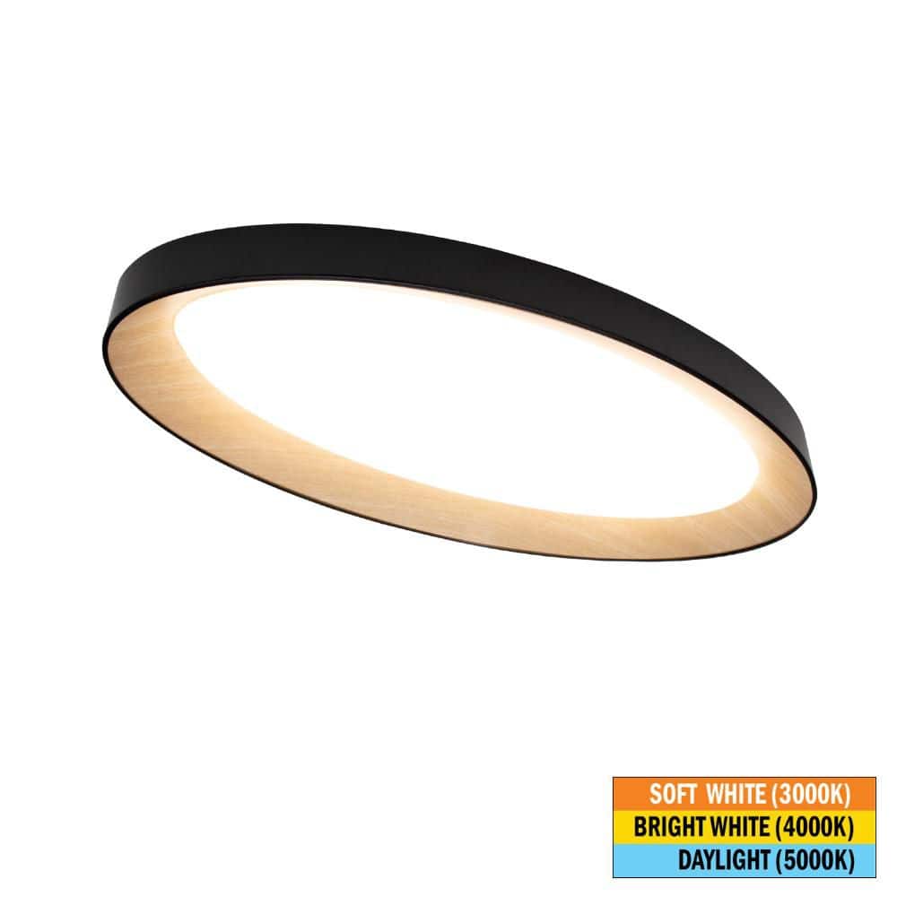 Commercial Electric 32 in. Matte Black White Oak Interior Oval LED Flush Mount Ceiling Light 3000 Lumens 42W Adjustable CCT Dimmable (2)