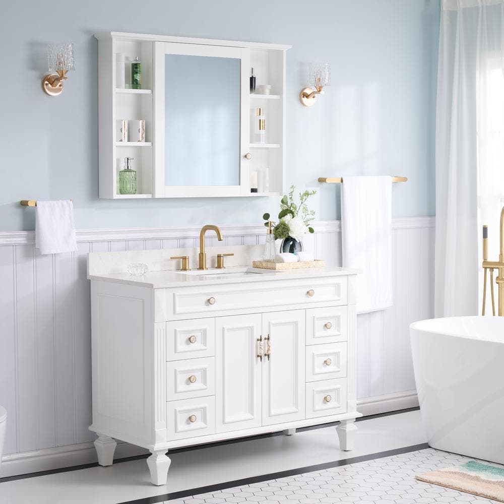 WELLFOR 42 in. W 30 in. H Wood Surface Mount Medicine Cabinet with Mirror and Shelves, 1-Soft Close Door (4)