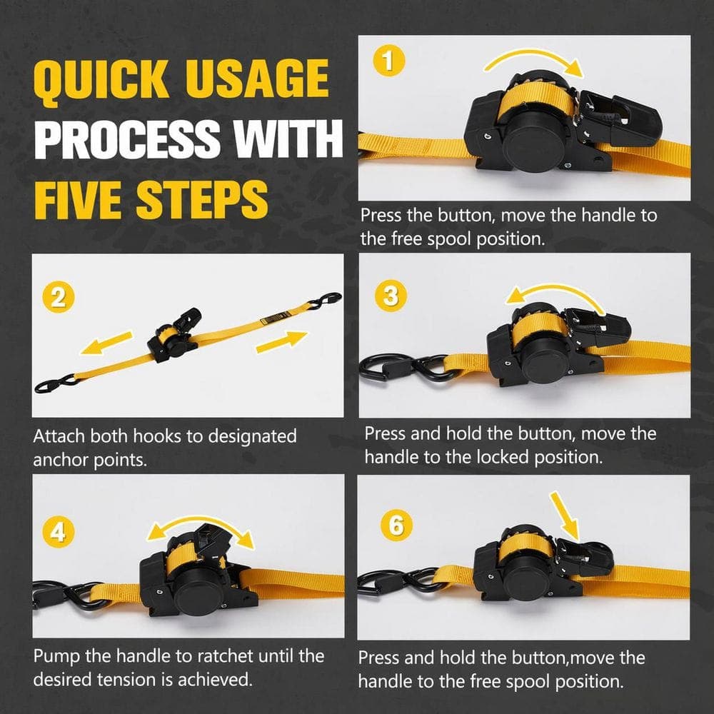LAIFUCAM 12 ft x 1 in Auto-Retract Ratchet Tie Down Straps Fastener Style Heavy Duty Self Retracting Cargo Straps 2 Pack (2)