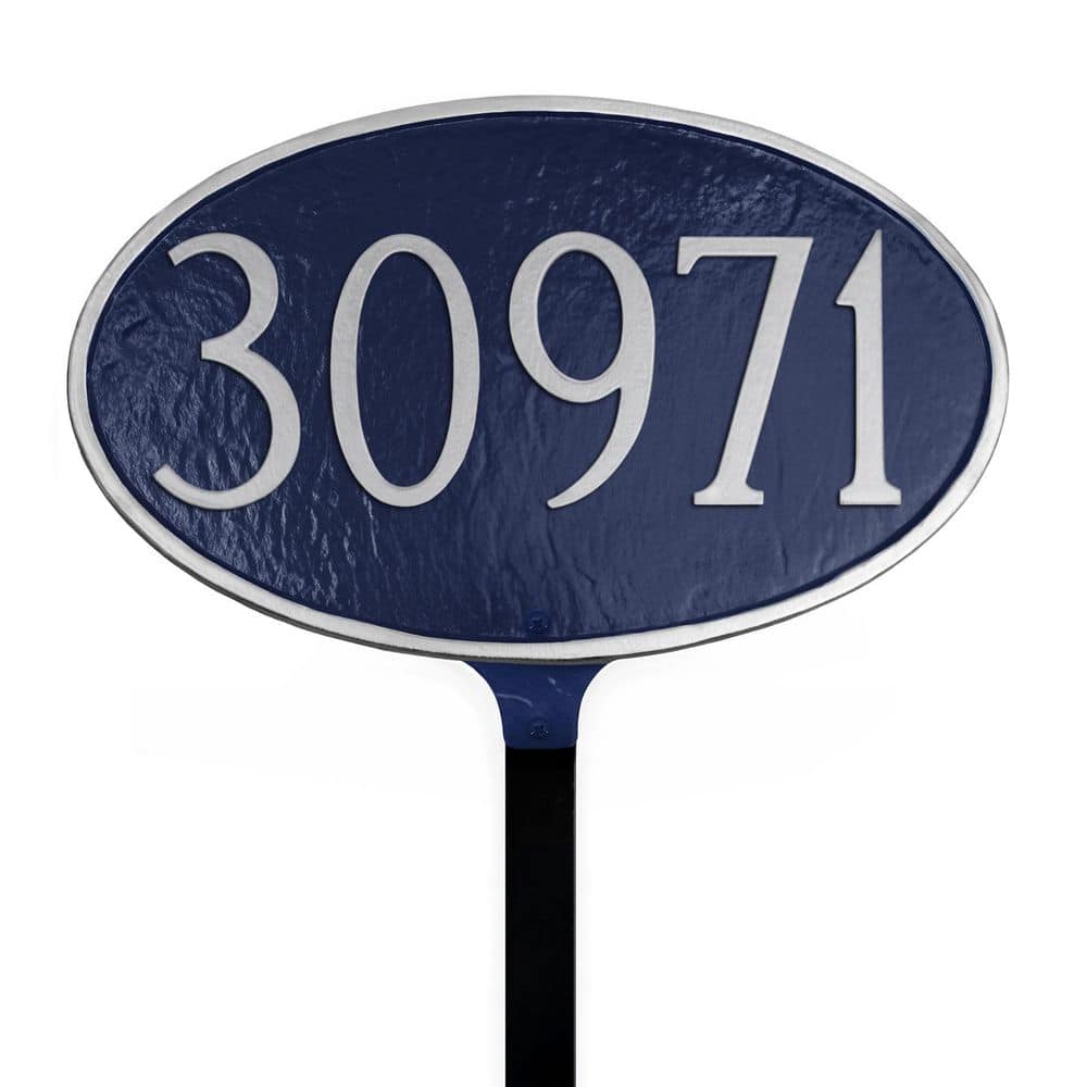 Montague Metal Products Classic Oval Standard Address Sign Plaque with Lawn Stake - Navy/Silver (1)