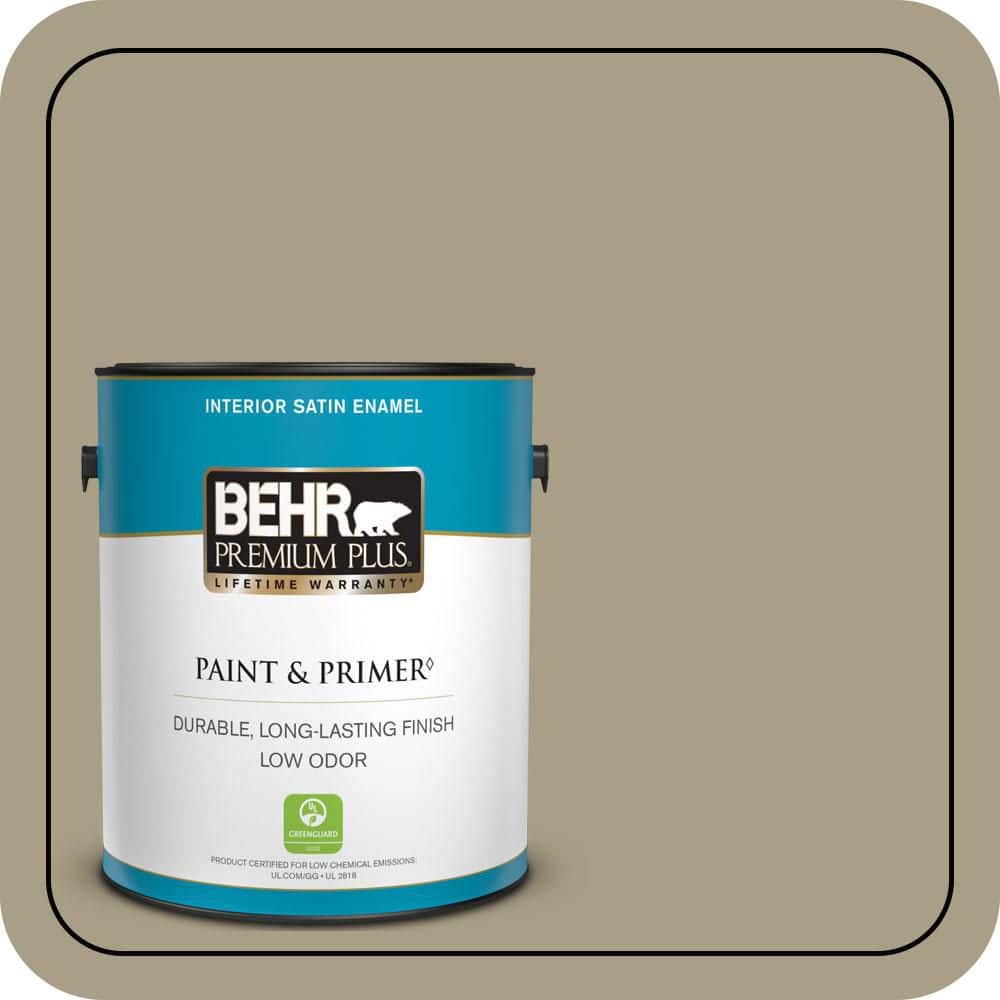 BEHR PREMIUM PLUS 1 gal. #N340-4 Tent Green Satin Enamel Low Odor Interior Paint & Primer