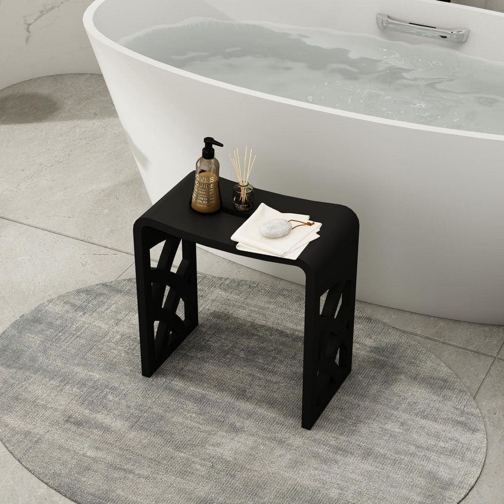 VANITYFUS 9.06 in. W Solid Surface Artistic Hollowing Out Shower Stool Free-standing Waterproof Vanity Seat in Matte Black (1)