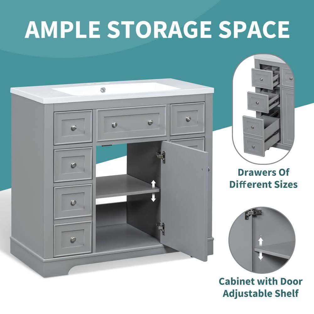 COWLOWN 35.60 in. W x 17.90 in. D x 33.40 in. H Bath Vanity Cabinet without Top in Gray, 1 Cabinet and 6 Drawers (3)