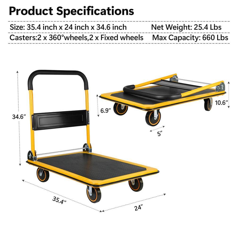 Tidoin 660 lbs. Capacity Yellow Heavy-Duty Moving Platform Hand Truck Cart (2)