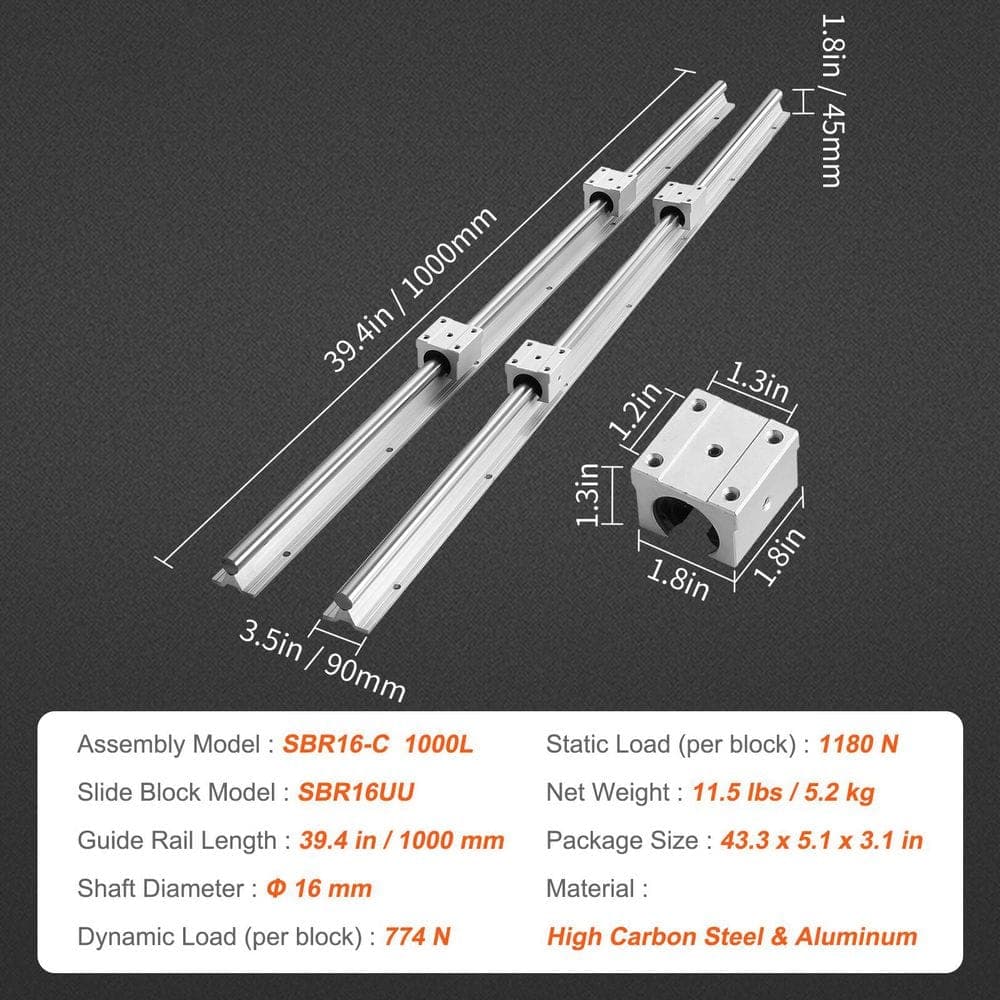 SKYSHALO Linear Guide Rail Set, SBR16 1000mm, 2-Packs 39.4 in. /1000 mm SBR16 Guide Rails and 4-Packs SBR16UU Slide Blocks (2)
