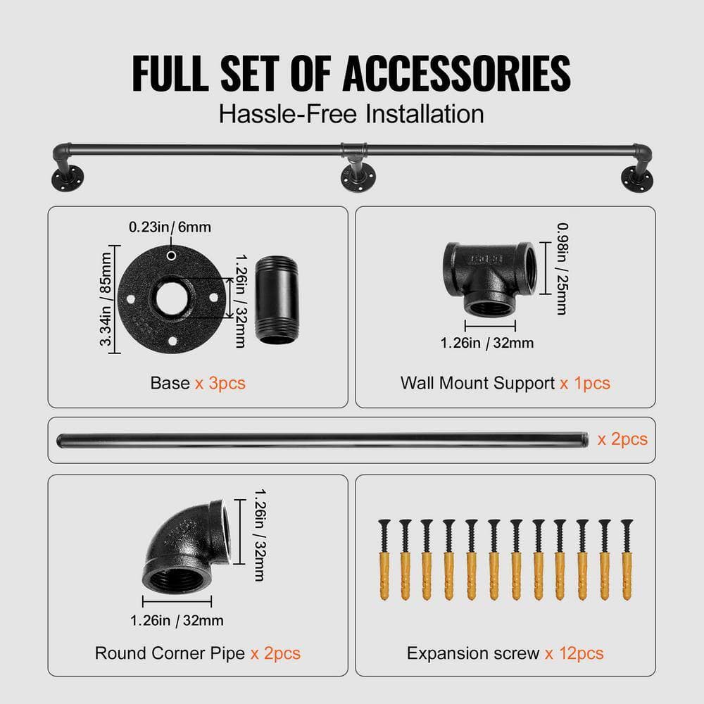 SVOPES Pipe Stair Handrail, 4 ft. Staircase Handrail, 48 in. H x 3.74 in. W, Black, Carbon Steel, Stair Railing Kit, Wall Mount (3)