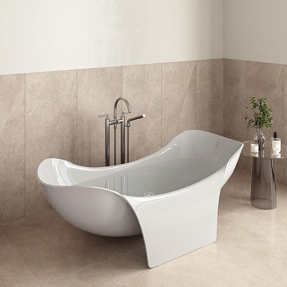 Streamline 67 in. x 32 in. NS7120CH Stone Resin Freestanding Soaking Bathtub in Matte White with Polished Chrome Drain Bamboo Tray (2)