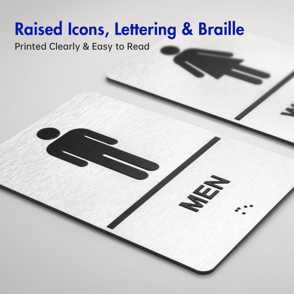 LAIFUCAM 2 Piece Set Brushed Aluminum ADA Self-Adhesive Raised Braille Restroom Signs for Men and Women Bathroom Door (3)
