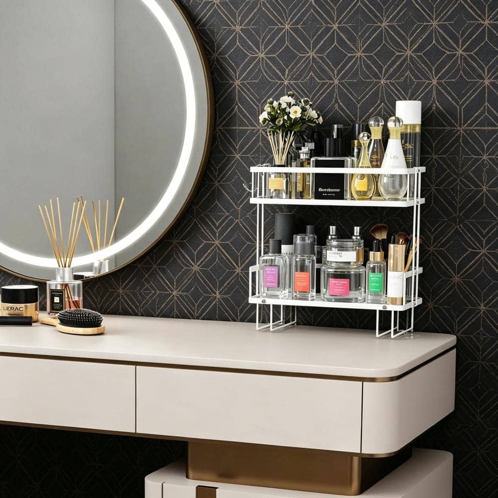 Unbranded 12.6 in. W x12.2 in. H 2-Tier Wall Shelf in White Bathroom Organizer (3)