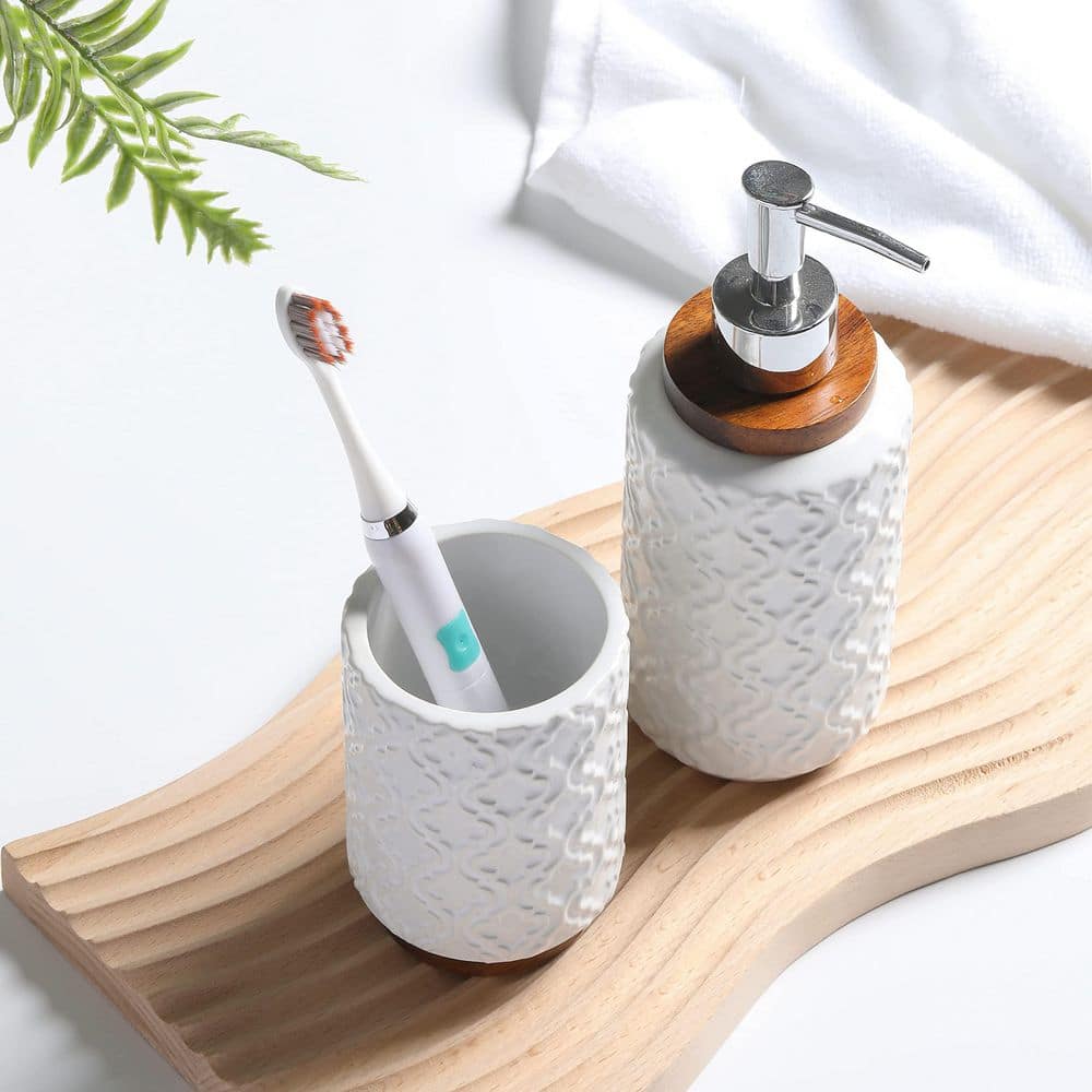 Numhew 4-Piece Bathroom Countertop Accessory Set with Toothbrush Holder, Soap Dispenser, Soap Dish and Tumbler in White (3)