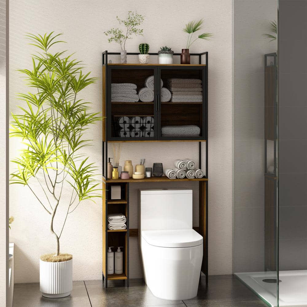 FUFU&GAGA 31.5 in. W x 70.9 in. H x 9.8 in. D Brown Over The Toilet Storage with Metal Mesh Doors and Adjustable Shelves (2)