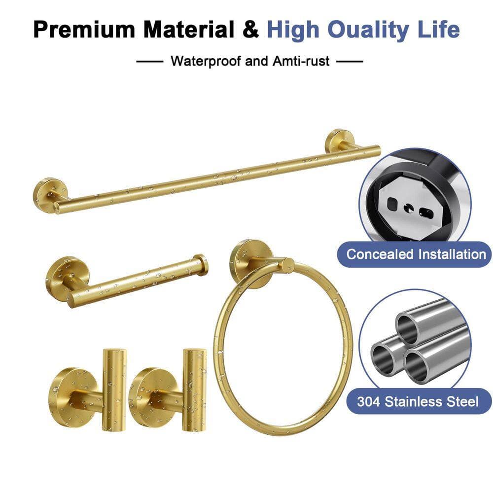 KHKFY Brushed Gold 5-Piece Bathroom Hardware Set, 24 Inch Stainless Steel Towel Bar, Ring, Paper Holder, and Robe Hooks (2)