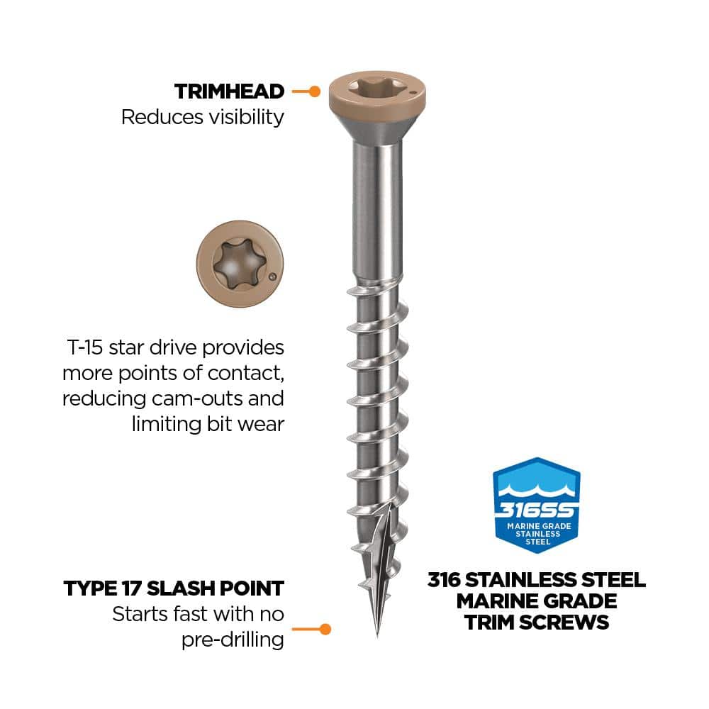 CAMO 1-5/8 in. #8 316 Stainless Steel Tan Premium Star Drive Trim Screws (350-Count) (3)