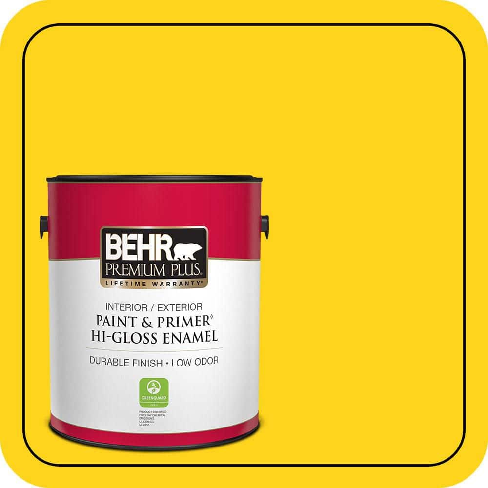 BEHR PREMIUM PLUS 1 gal. #S-G-390 Lemon Zest Hi-Gloss Enamel Interior/Exterior Paint & Primer